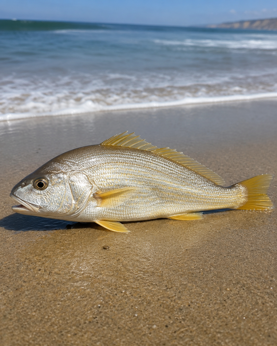 Field-guide illustration of Yellowfin Croaker