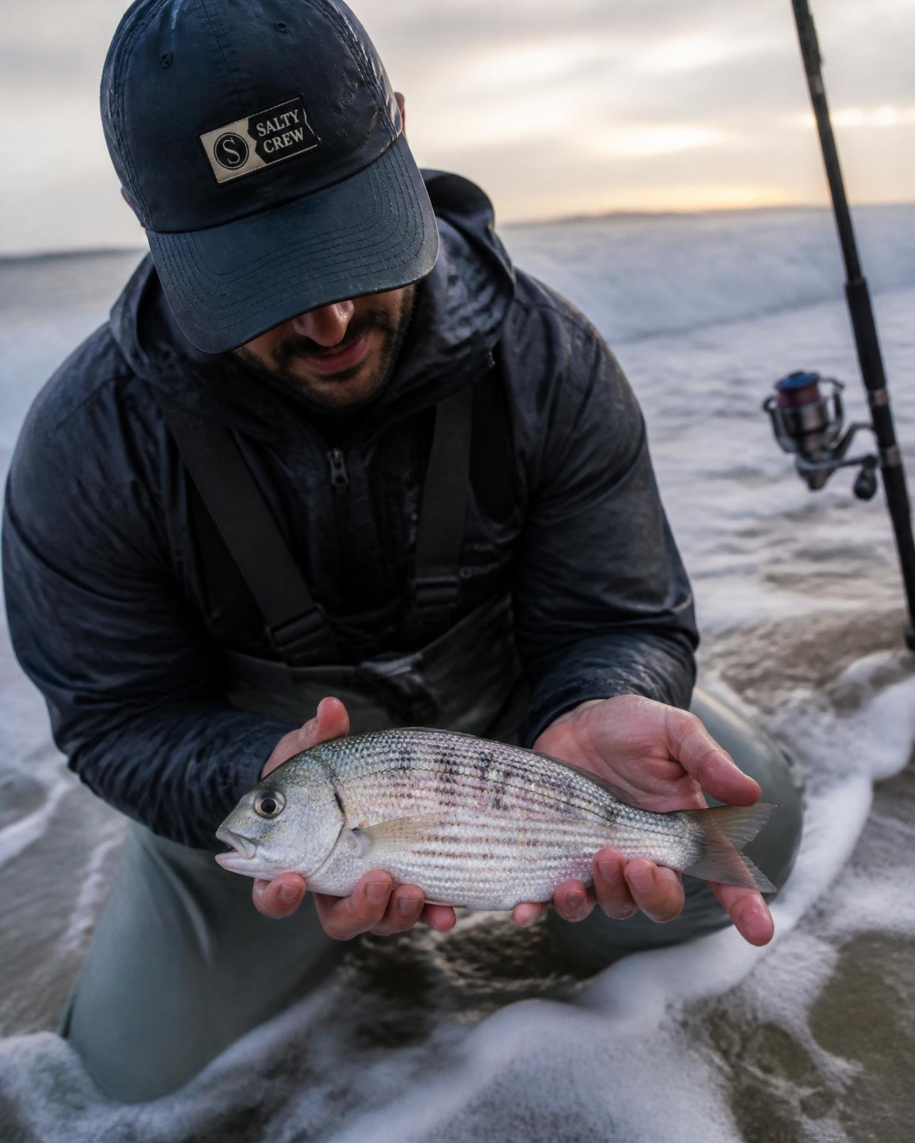 Angler landing a surf perch at the water's edge